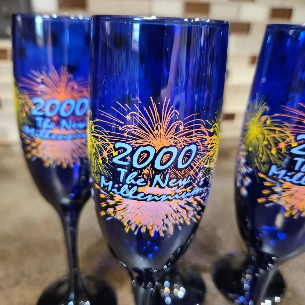 2 Vintage Champagne Flutes 2000 The New Millennium Cobalt Blue Embossed Glasses